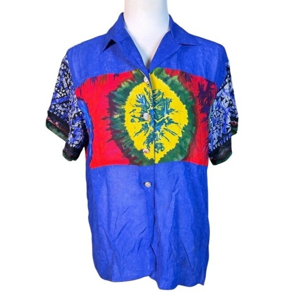 Dorothy Schoelen Platinum Womens Blue Tie Dye Batik Rayon Shirt M 17468 USA